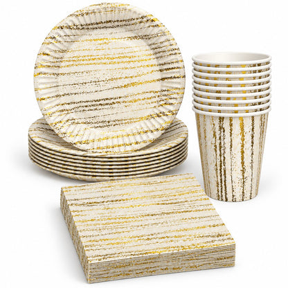 Pack Vaisselle Blanc et Doré Effet Texturé – 30 Pièces