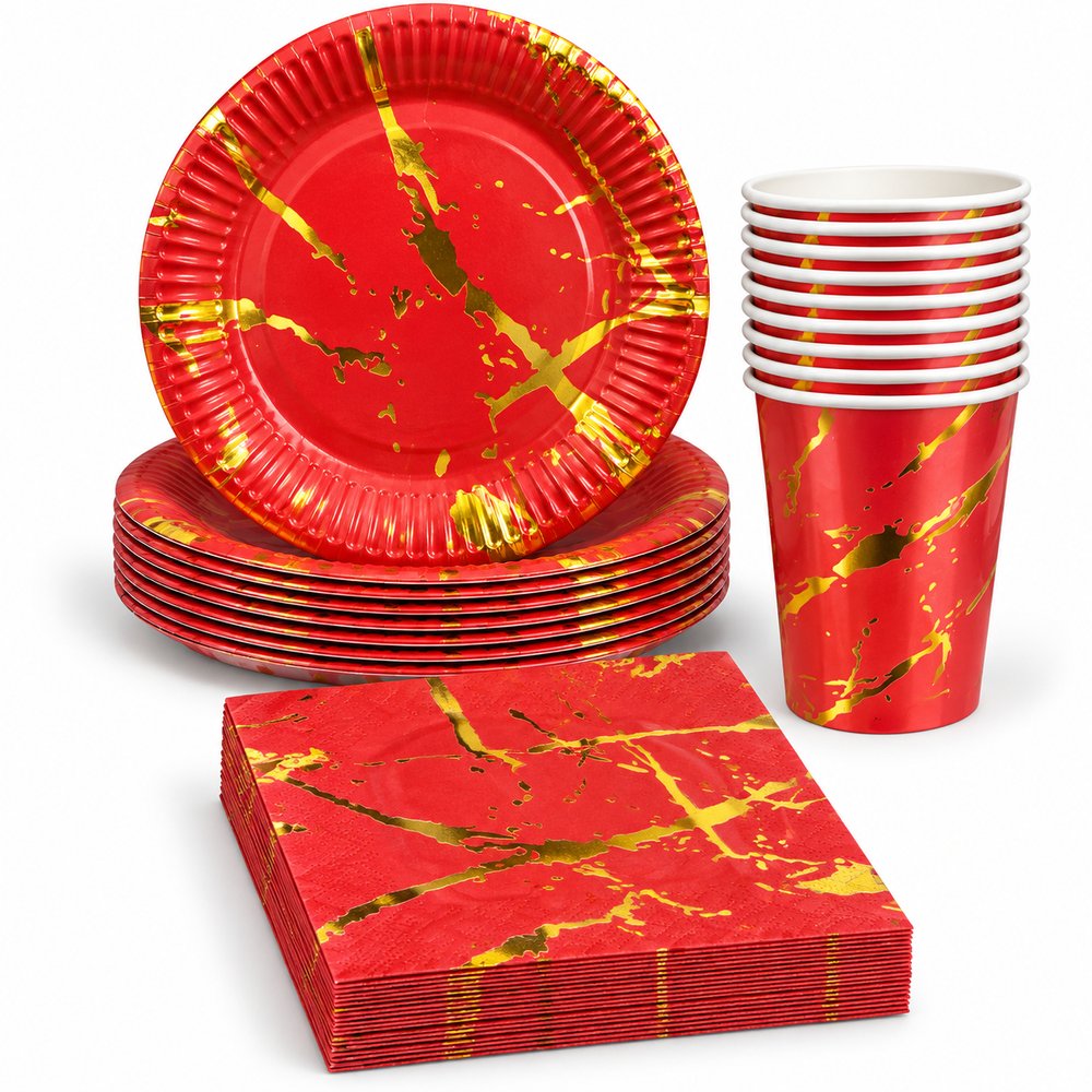 Pack Vaisselle Marbré Rouge et Doré – 30 Pièces