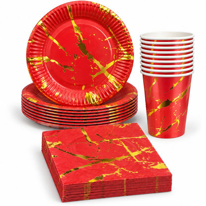 Pack Vaisselle Marbré Rouge et Doré – 30 Pièces