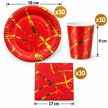 Pack Vaisselle Marbré Rouge et Doré – 30 Pièces