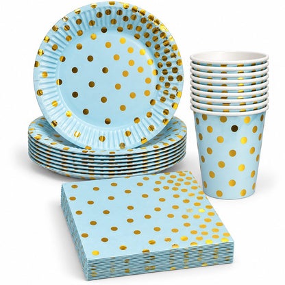 Pack Vaisselle Bleu Ciel à Pois Dorés – 30 Pièces