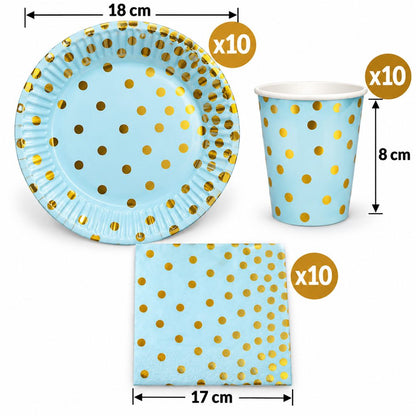 Pack Vaisselle Bleu Ciel à Pois Dorés – 30 Pièces