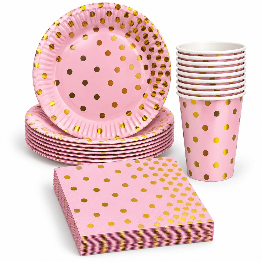 Pack Vaisselle Rose à Pois Dorés – 30 Pièces