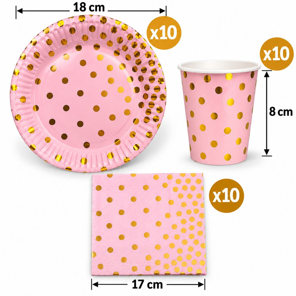 Pack Vaisselle Rose à Pois Dorés – 30 Pièces