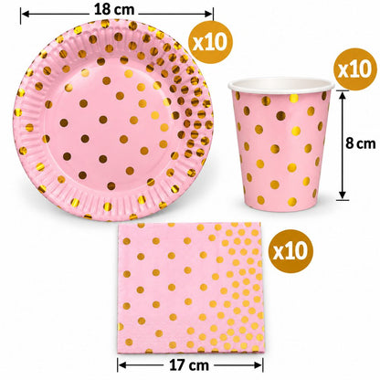 Pack Vaisselle Rose à Pois Dorés – 30 Pièces