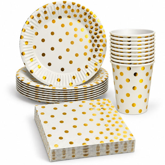 Pack Vaisselle Blanc à Pois Dorés – 30 Pièces