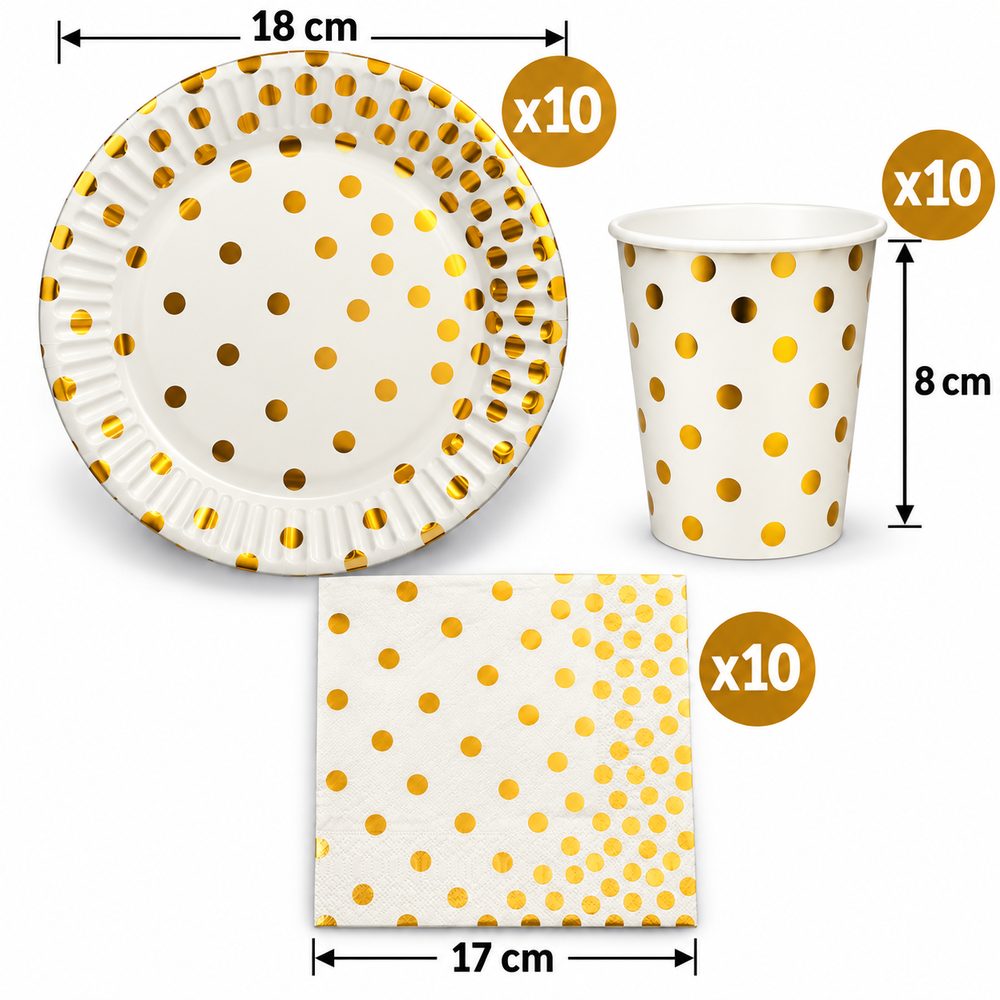 Pack Vaisselle Blanc à Pois Dorés – 30 Pièces