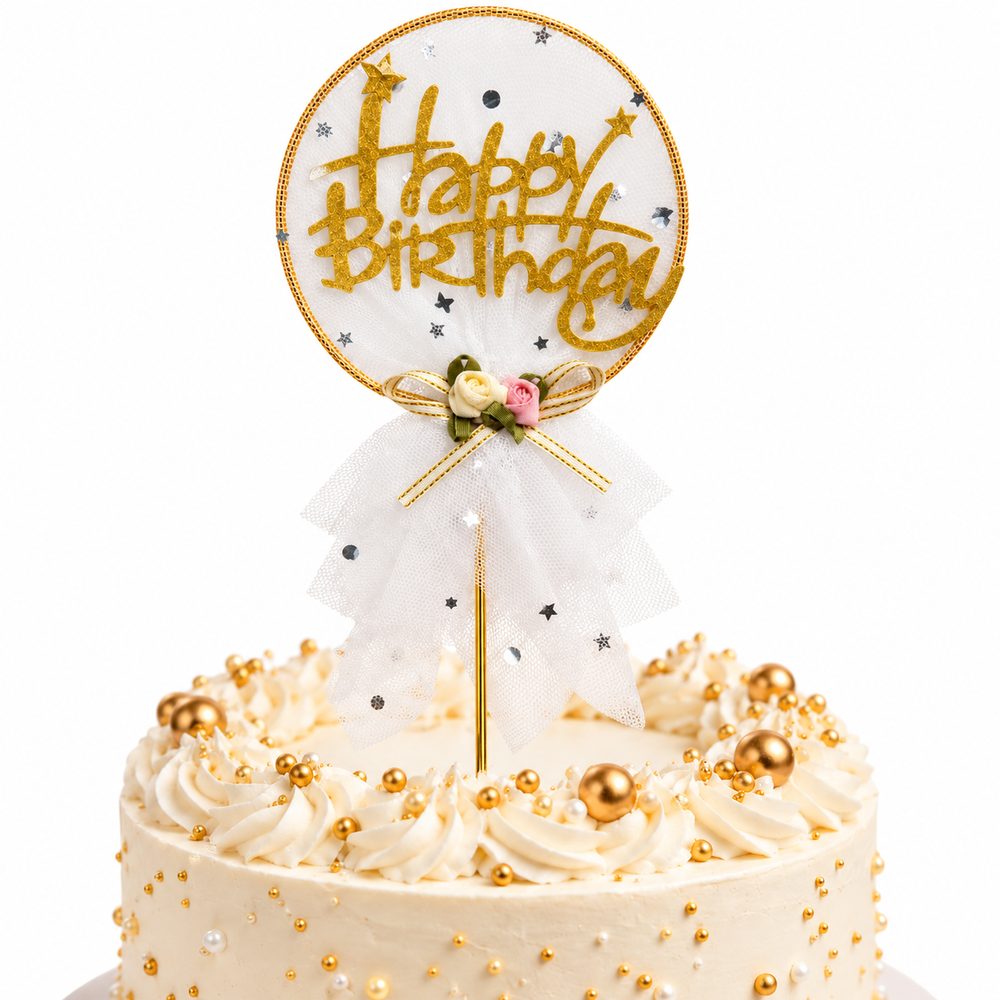 Cake Topper Happy Birthday – Blanc & Doré