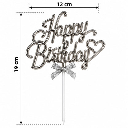 Cake Topper Happy Birthday Argenté Métallisé