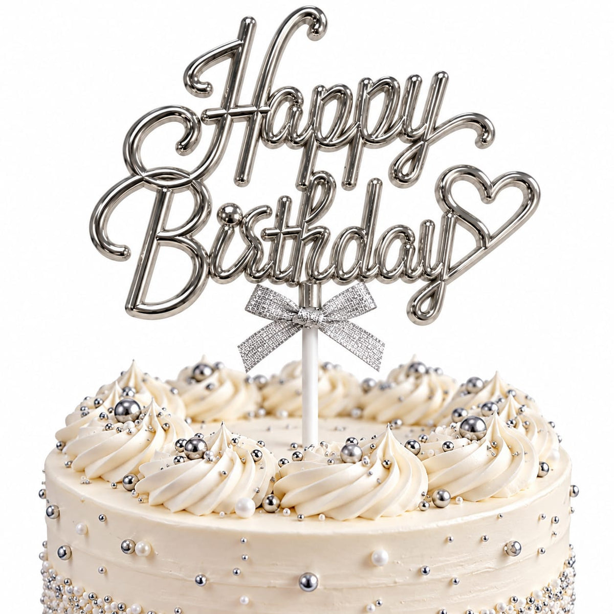 Cake Topper Happy Birthday Argenté Métallisé