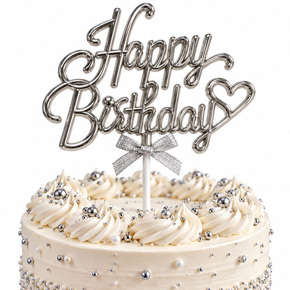 Cake Topper Happy Birthday Argenté Métallisé