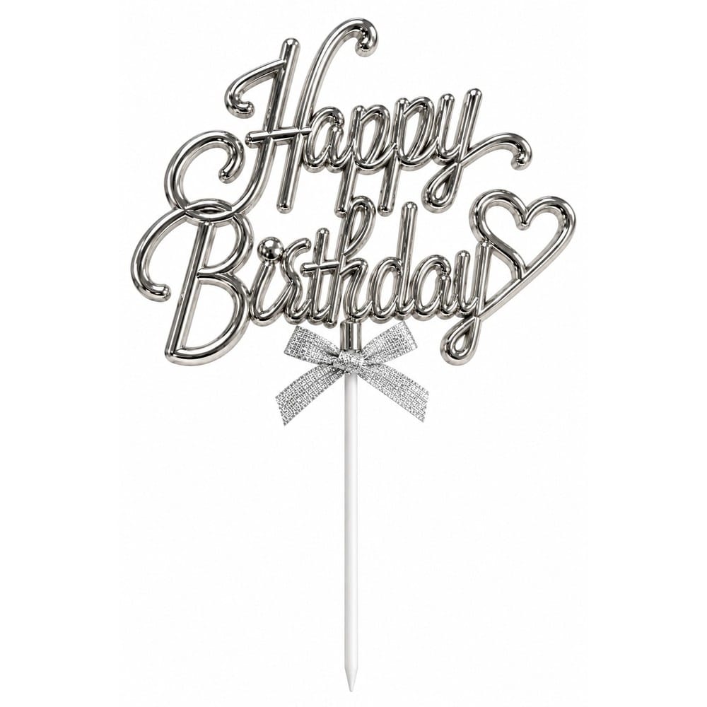 Cake Topper Happy Birthday Argenté Métallisé