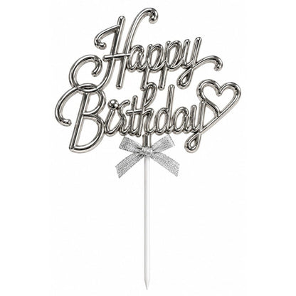 Cake Topper Happy Birthday Argenté Métallisé