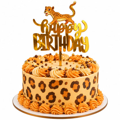 Cake Topper Happy Birthday Léopard Doré