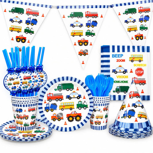 Pack Vaisselle Anniversaire Véhicules & Transports - 91 Pièces
