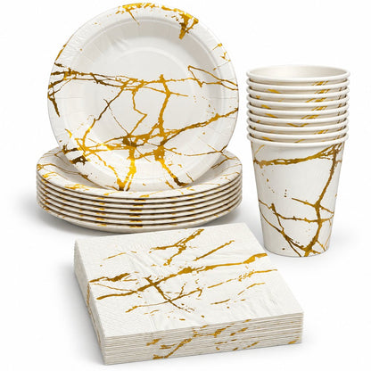 Pack Vaisselle Marbré Blanc et Doré – 30 Pièces