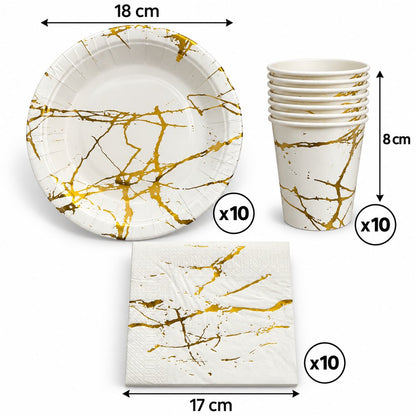Pack Vaisselle Marbré Blanc et Doré – 30 Pièces